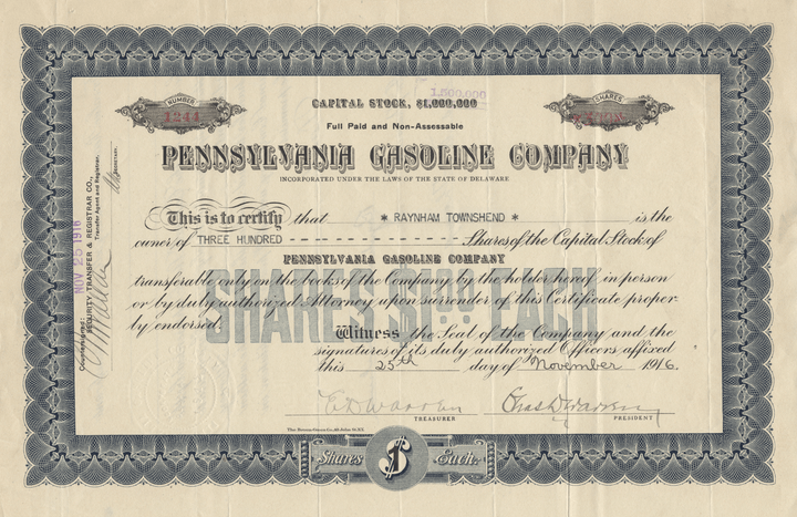 Pennsylvania Gasoline Company Stock Certificate