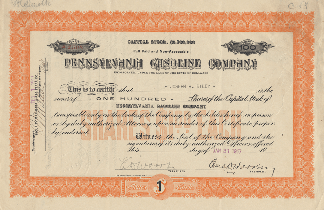 Pennsylvania Gasoline Company Stock Certificate