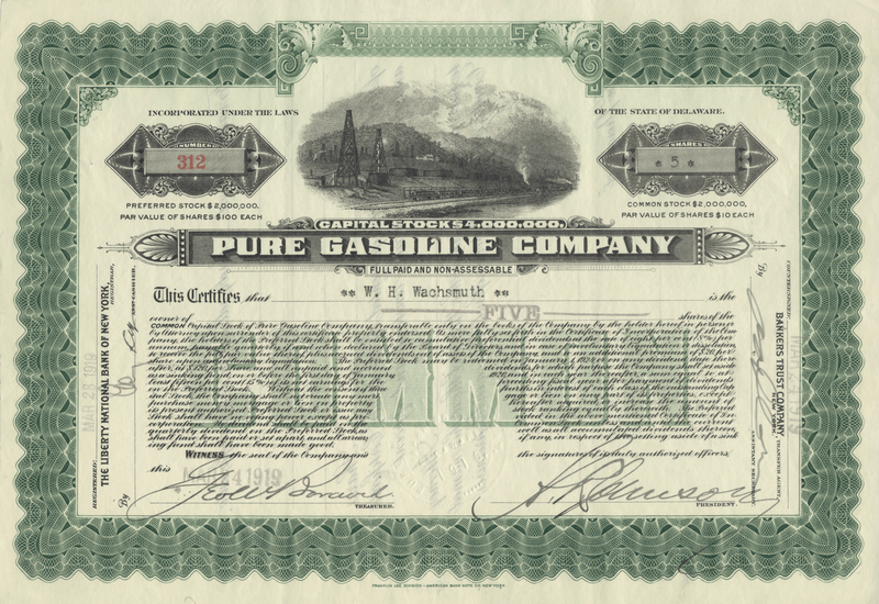 Pure Gasoline Company Stock Certificate