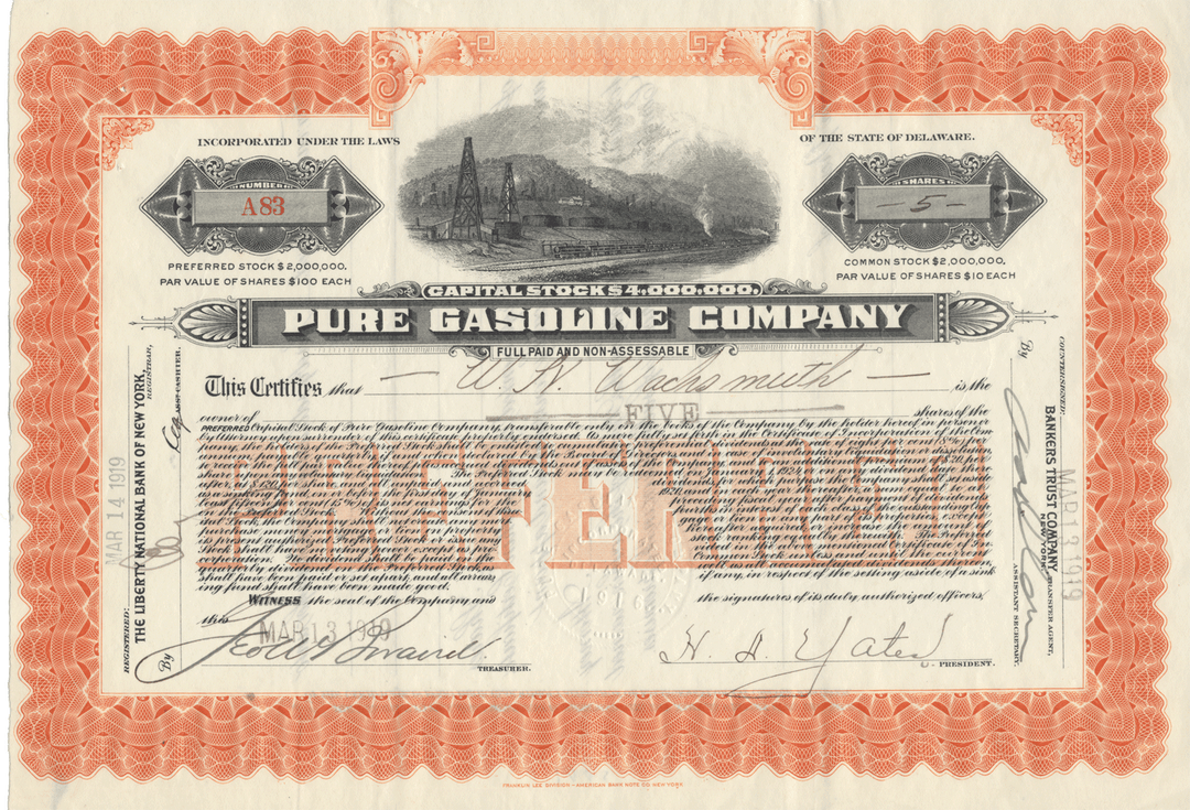 Pure Gasoline Company Stock Certificate