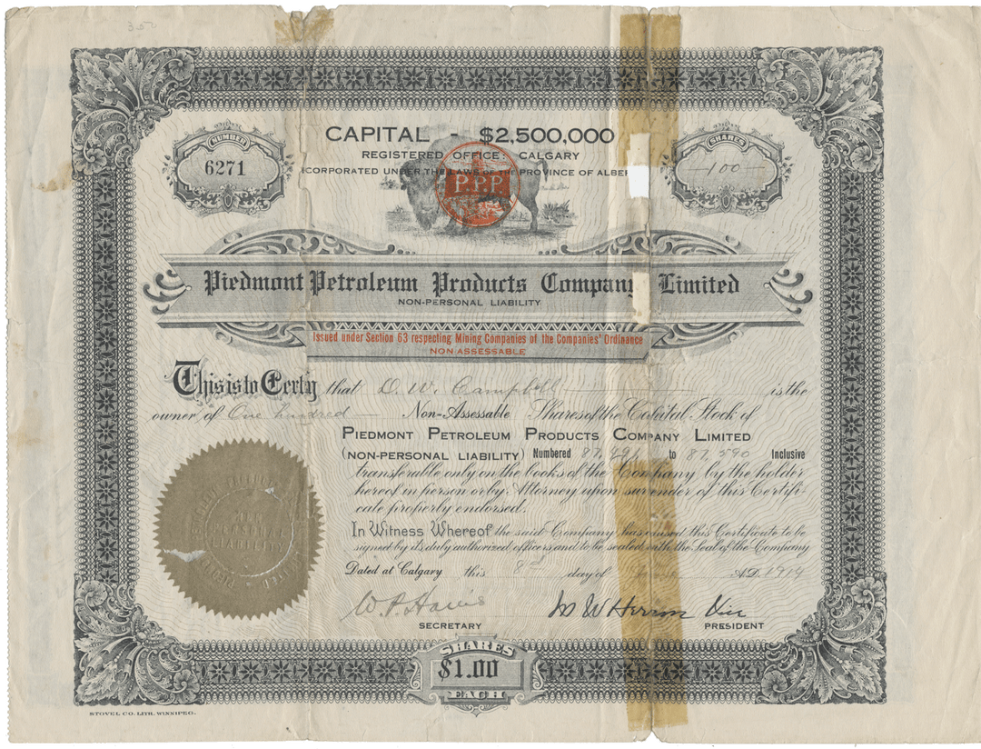 Piedmont Petroleum Products Company Limited Stock Certificate