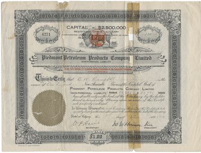 Piedmont Petroleum Products Company Limited Stock Certificate