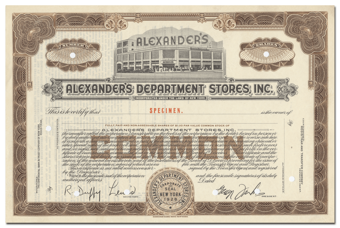 Alexander's Department Stores, Inc. Specimen Stock Certificate