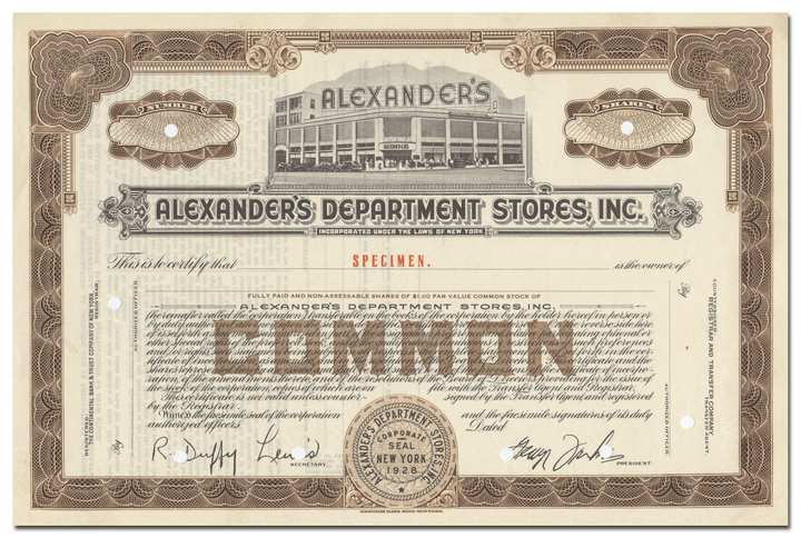 Alexander's Department Stores, Inc. Specimen Stock Certificate