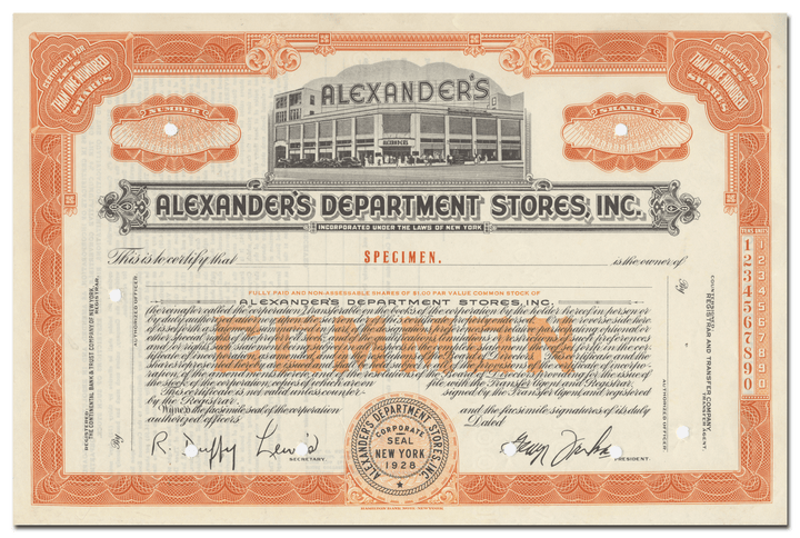 Alexander's Department Stores, Inc. Specimen Stock Certificate