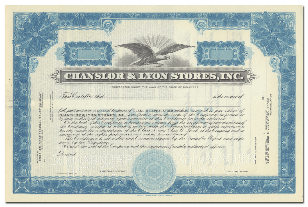 Chanslor & Lyon Stores, Inc. Specimen Stock Certificate