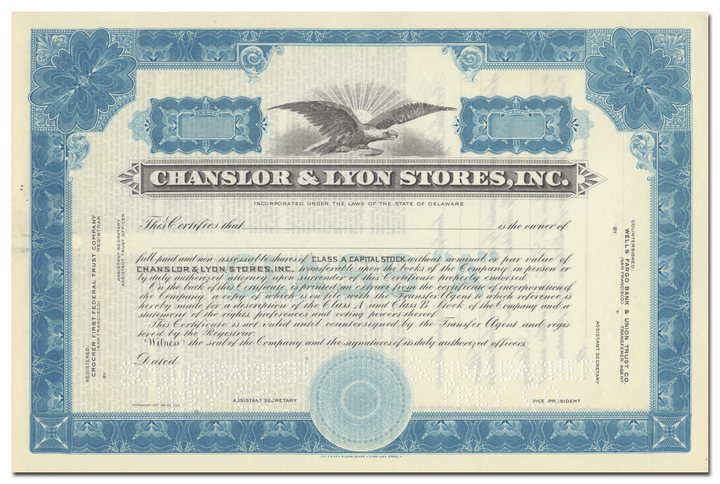 Chanslor & Lyon Stores, Inc. Specimen Stock Certificate