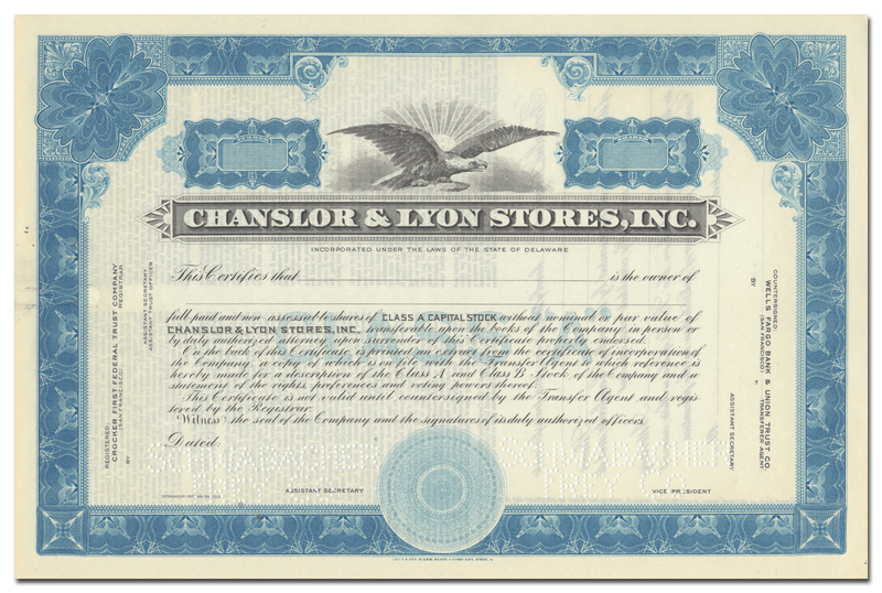 Chanslor & Lyon Stores, Inc. Specimen Stock Certificate