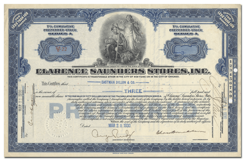 Clarence Saunders Stores, Inc. Stock Certificate