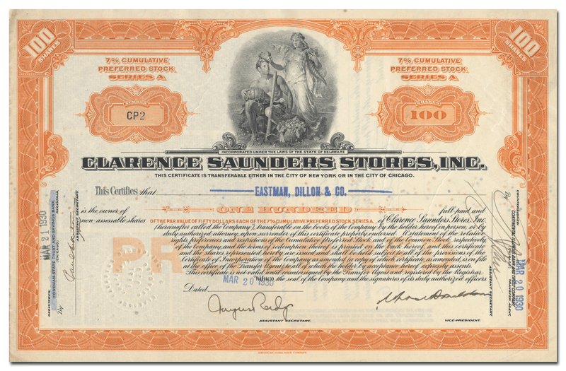 Clarence Saunders Stores, Inc. Stock Certificate