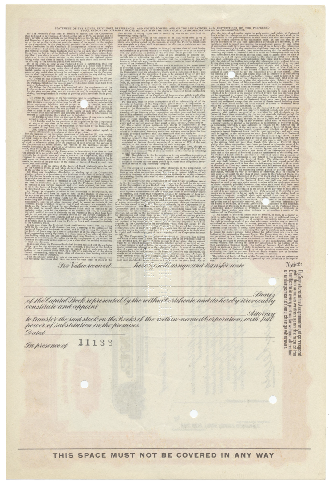 Daniel Reeves, Inc. Specimen Stock Certificate