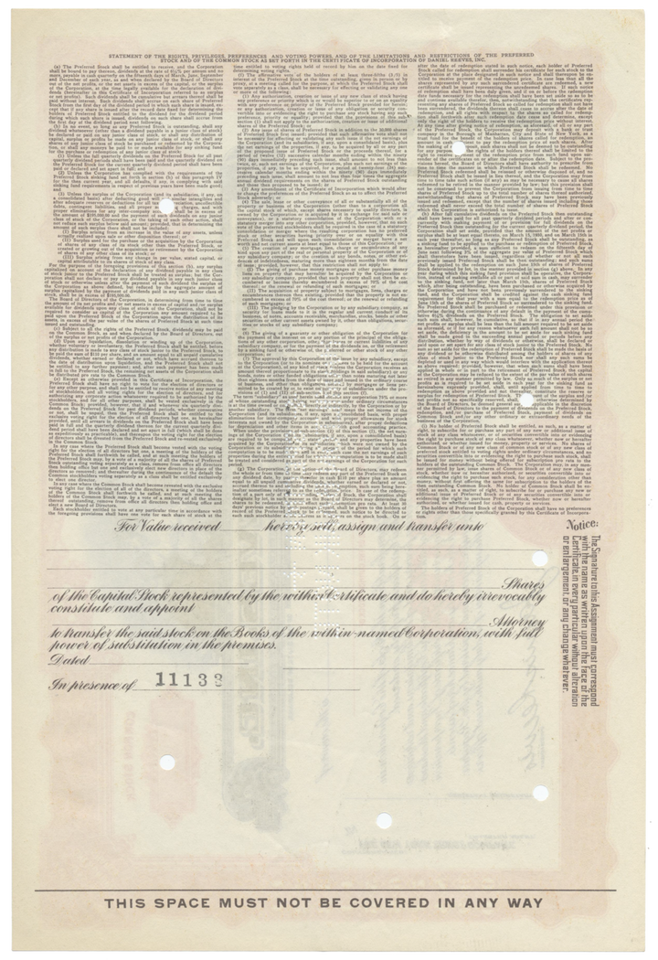 Daniel Reeves, Inc. Specimen Stock Certificate