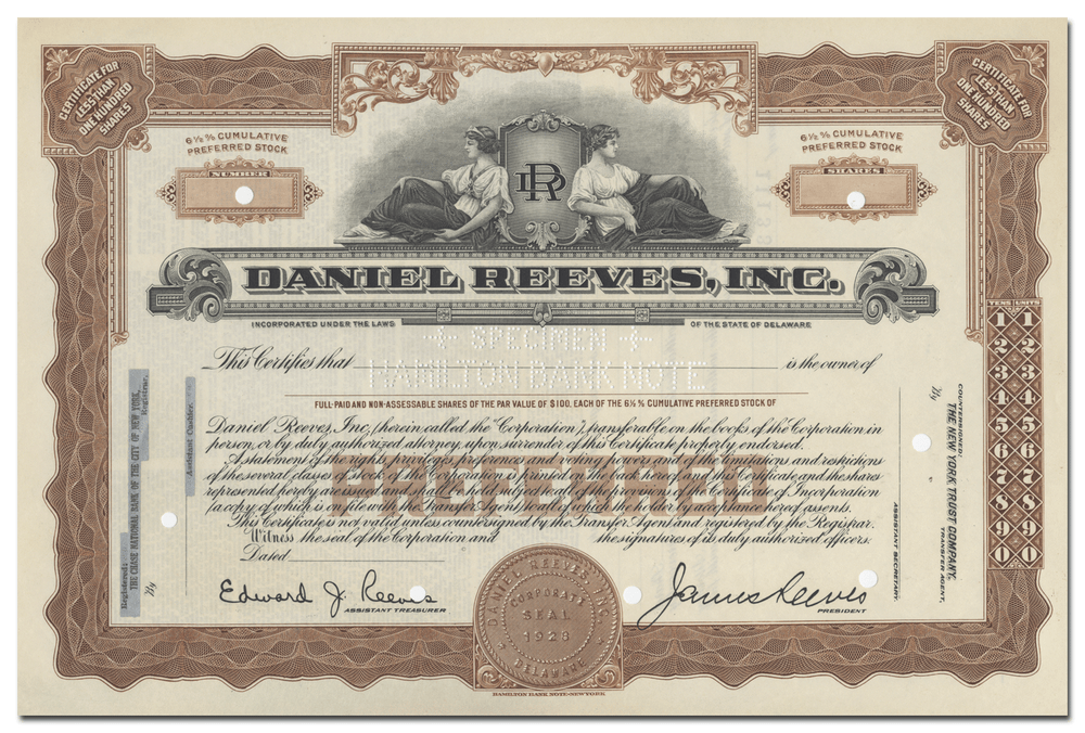 Daniel Reeves, Inc. Specimen Stock Certificate