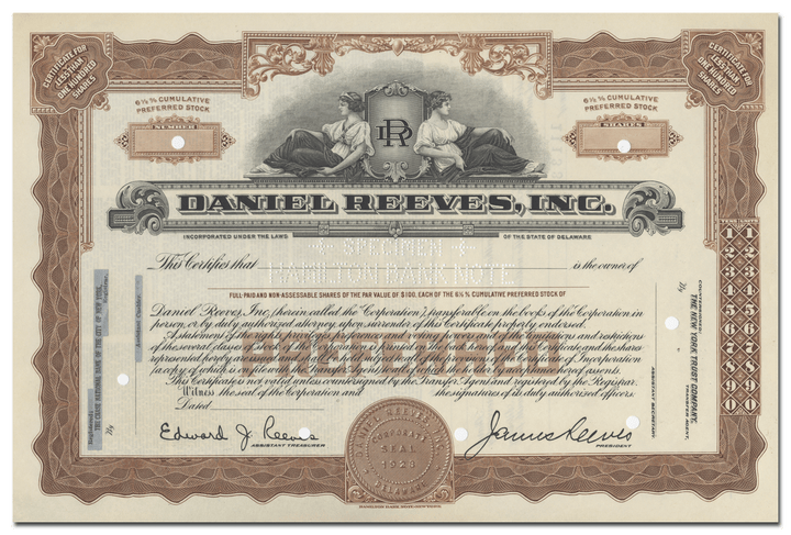 Daniel Reeves, Inc. Specimen Stock Certificate