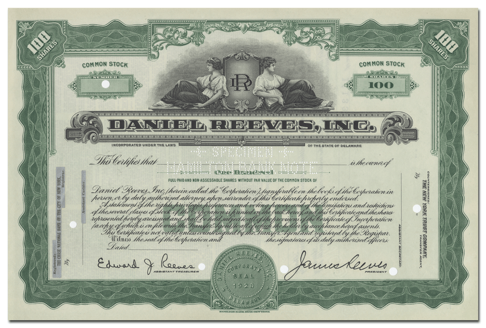 Daniel Reeves, Inc. Specimen Stock Certificate