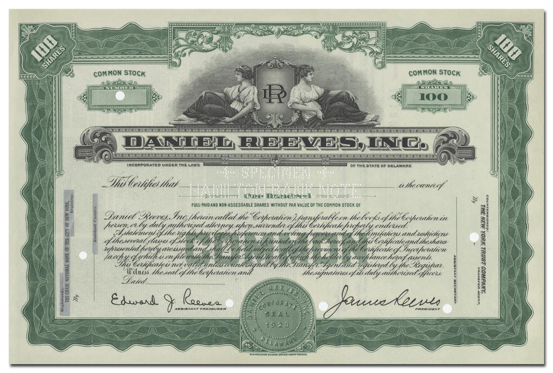 Daniel Reeves, Inc. Specimen Stock Certificate