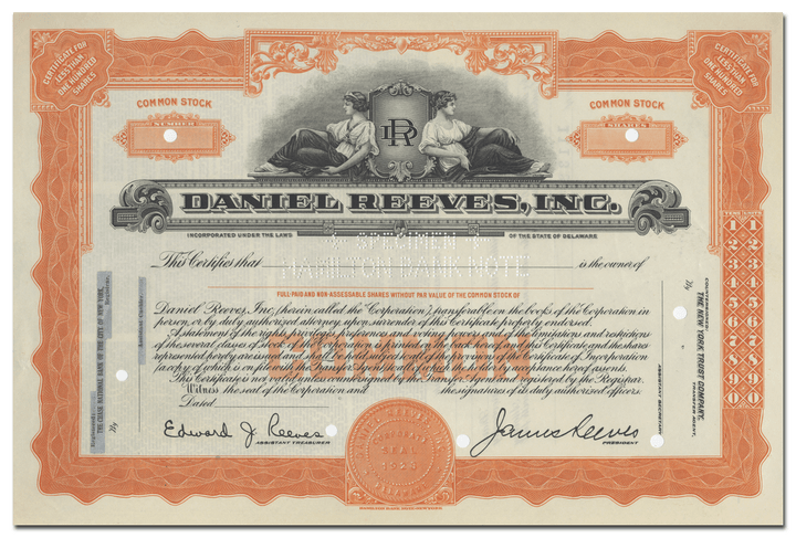 Daniel Reeves, Inc. Specimen Stock Certificate