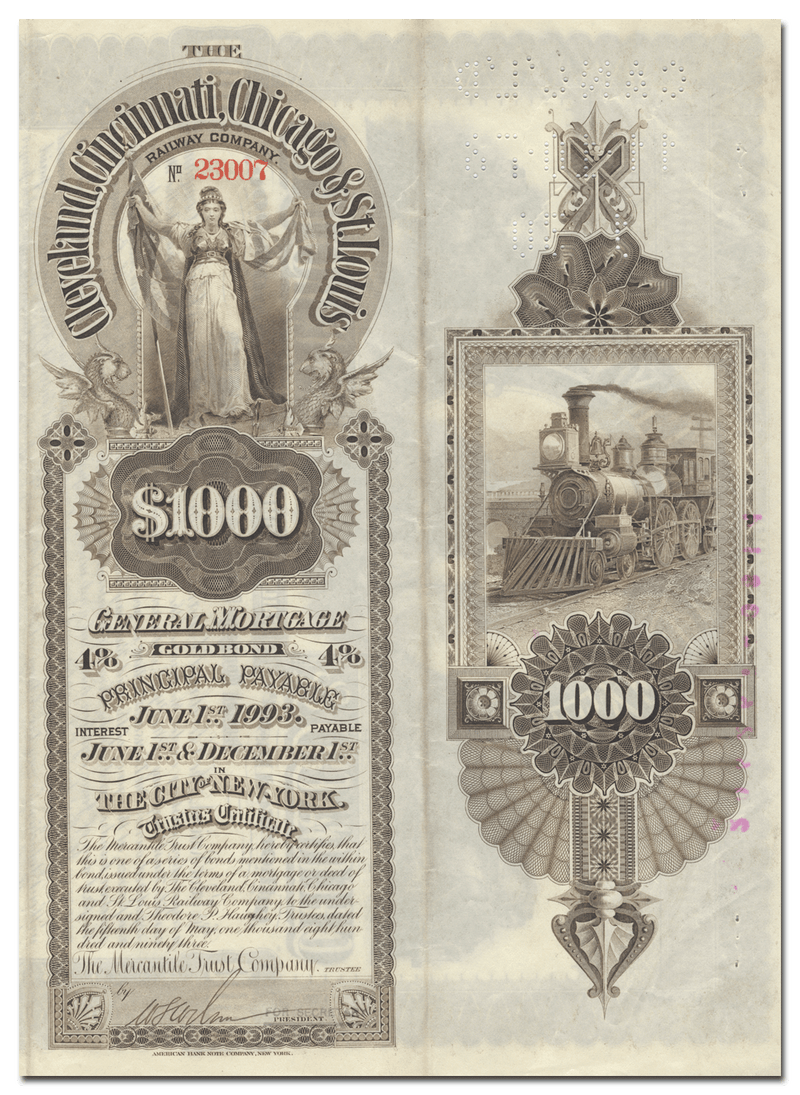 Cleveland, Cincinnati, Chicago & St. Louis Railway Company Bond Certificate (Back)