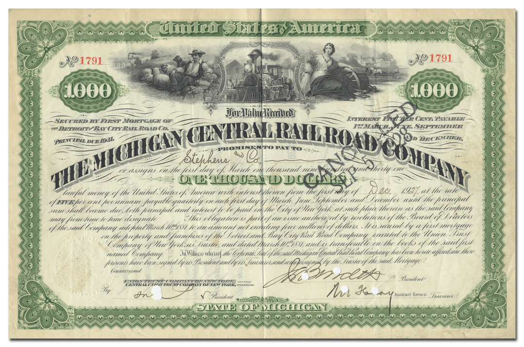 Michigan Central Rail Road Company Bond Certificate