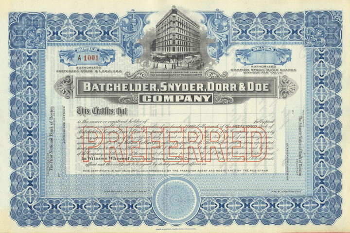 Batchelder, Snyder, Door & Doe Company Stock Certificate