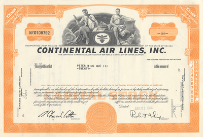 Continental Air Lines, Inc. Stock Certificate