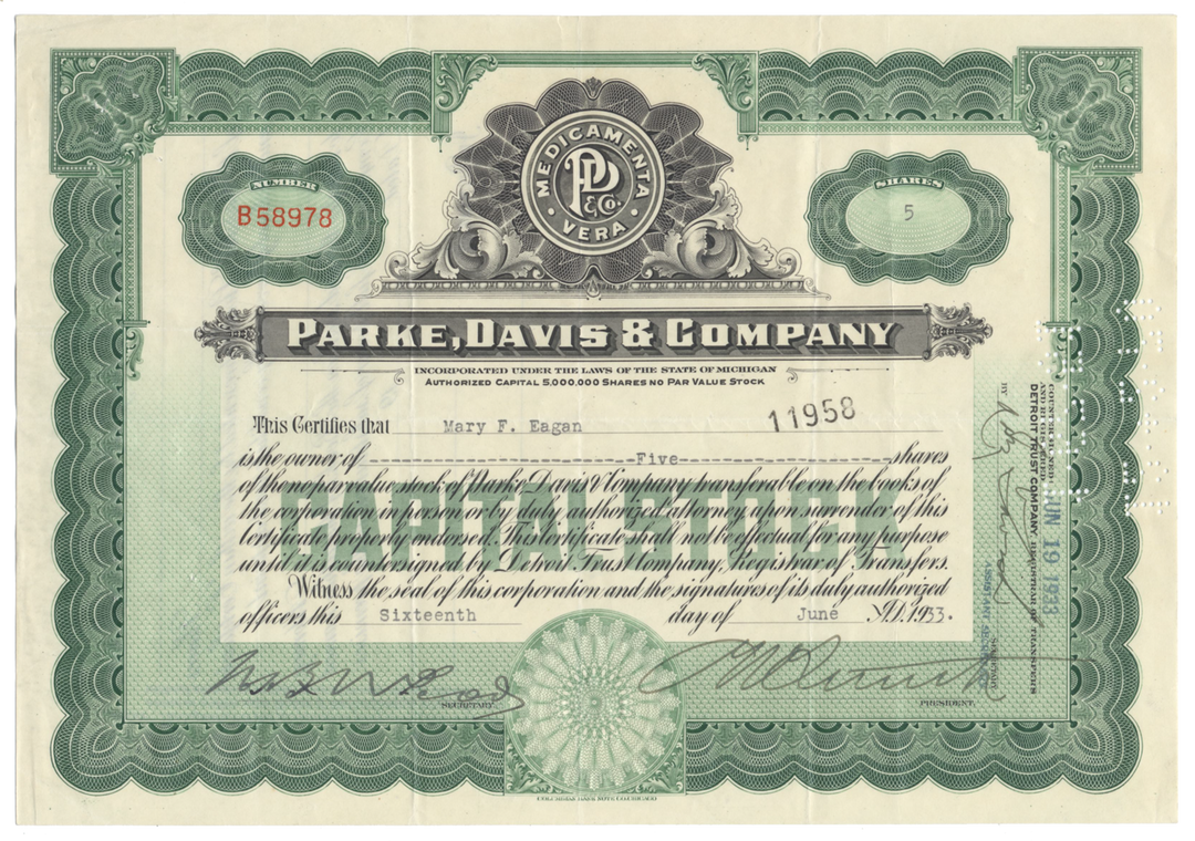 Parke, Davis & Company Stock Certificate