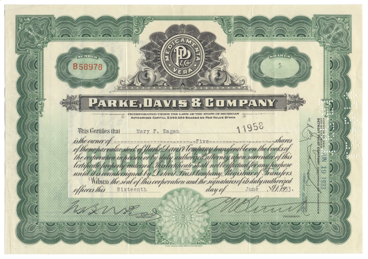 Parke, Davis & Company Stock Certificate