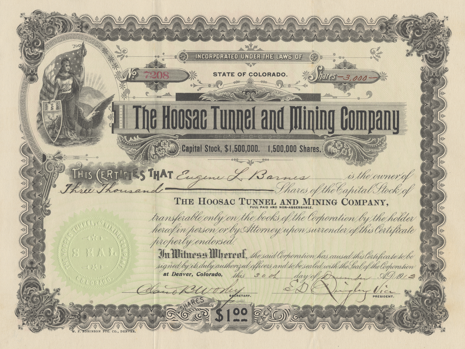 Hoosac Tunnel and Mining Company Stock Certificate - Ghosts of Wall Street