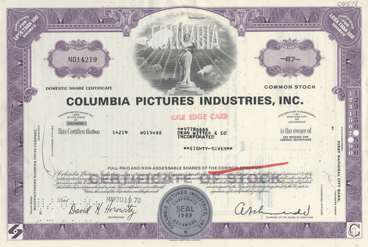 Columbia Pictures Industries, Inc. Stock Certificate