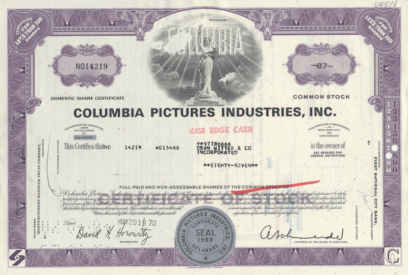 Columbia Pictures Industries, Inc. Stock Certificate