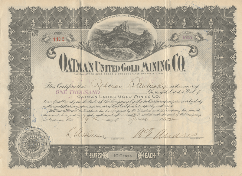 Oatman United Gold Mining Co. Stock Certificate
