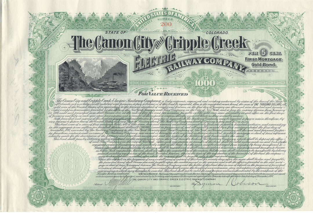 Canon City and Cripple Creek Electric Railway Company Bond Certificate