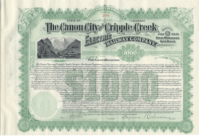 Canon City and Cripple Creek Electric Railway Company Bond Certificate