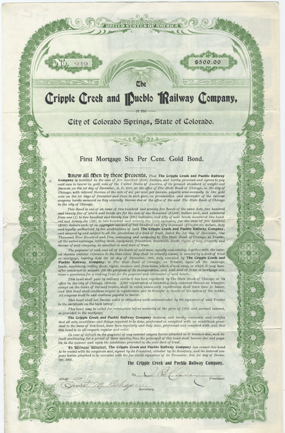 Cripple Creek and Pueblo Railway Company Bond Certificate
