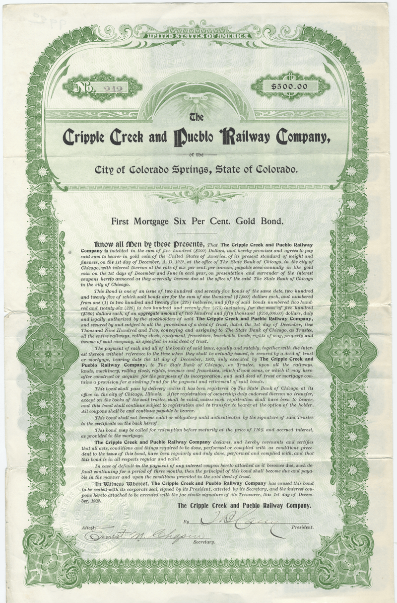 Cripple Creek and Pueblo Railway Company Bond Certificate