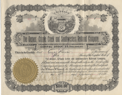 Denver, Cripple Creek and Southwestern Railroad Company Stock Certificate