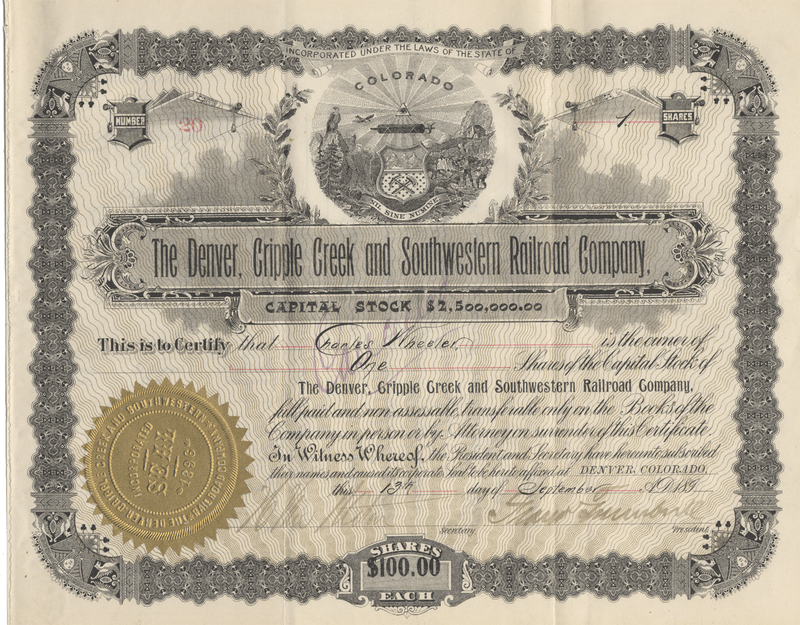 Denver, Cripple Creek and Southwestern Railroad Company Stock Certificate