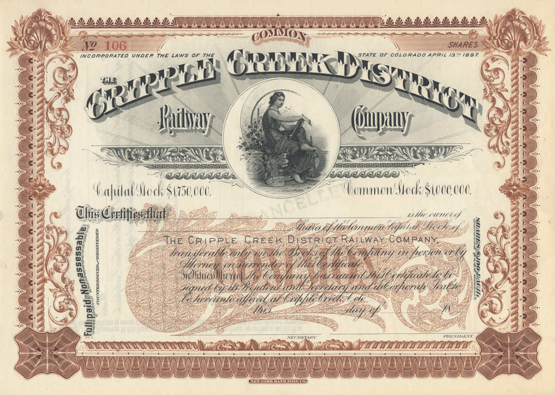 Cripple Creek District Railway Company Stock Certificate