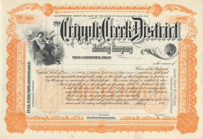 Cripple Creek District Railway Company Stock Certificate