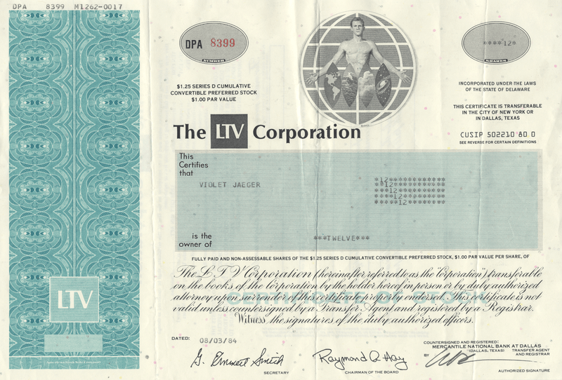 LTV Corporation Stock Certificate