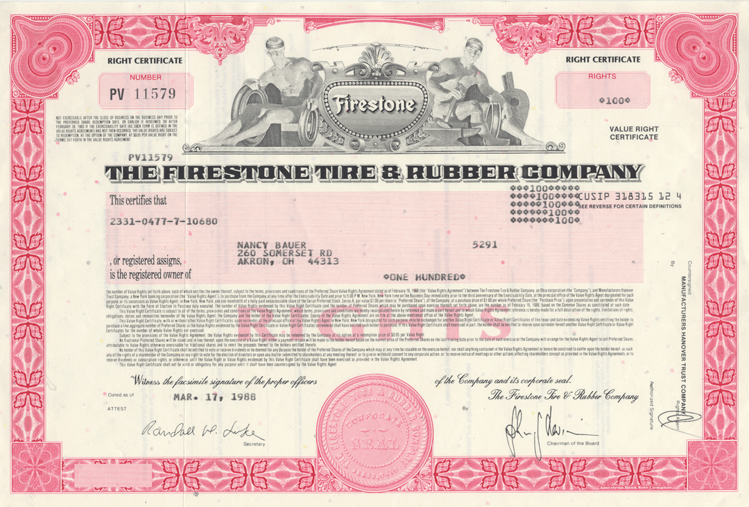 Firestone Tire & Rubber Company Stock Certificate