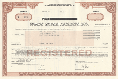Trans World Airlines, Inc. (TWA) Stock Certificate