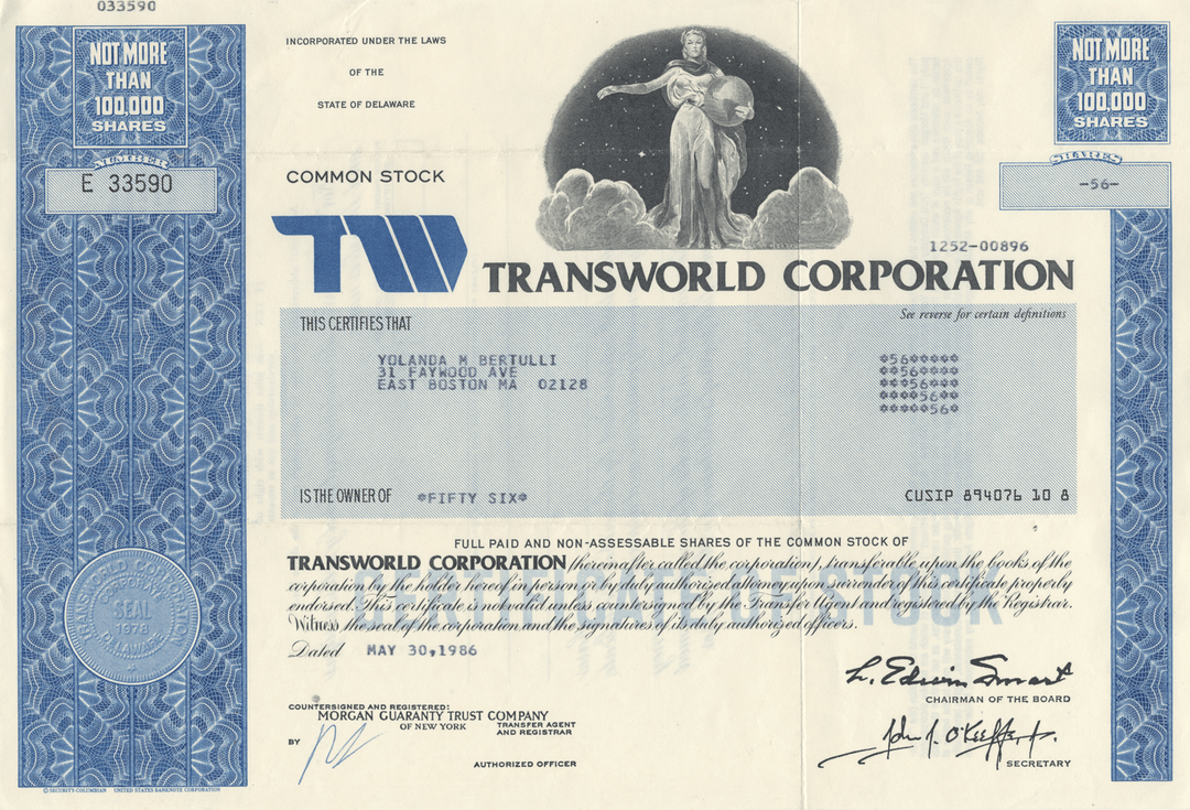 Transworld Corporation (TWA) Stock Certificate