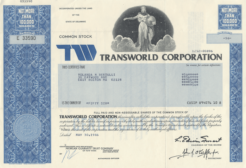 Transworld Corporation (TWA) Stock Certificate