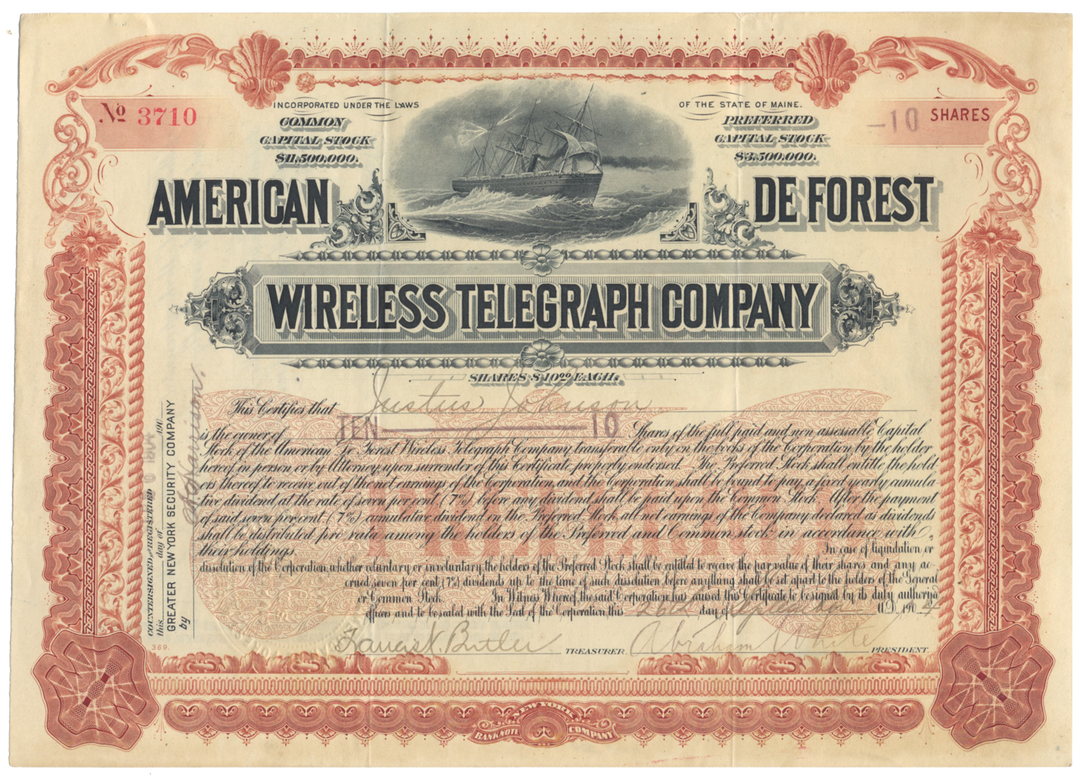 American De Forest Wireless Telegraph Company Stock Certificate