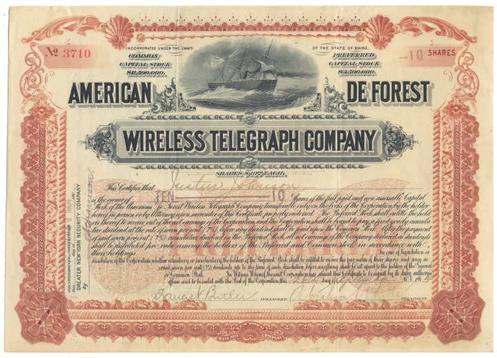 American De Forest Wireless Telegraph Company Stock Certificate