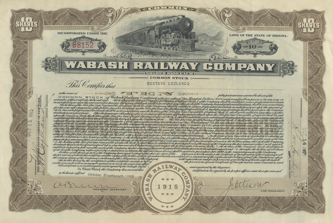 Wabash Railway Company Stock Certificate