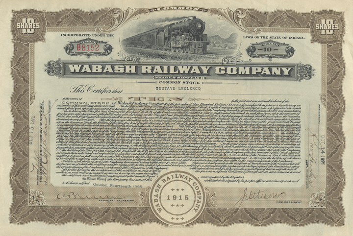 Wabash Railway Company Stock Certificate