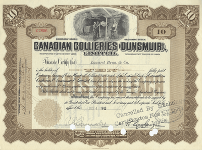 Canadian Collieries (Dunsmuir), Limited Stock Certificate