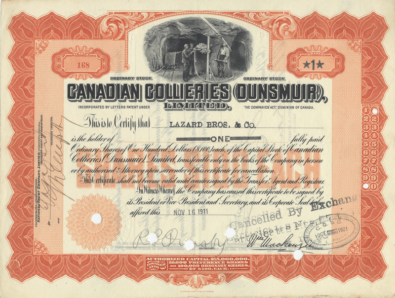 Canadian Collieries (Dunsmuir), Limited Stock Certificate